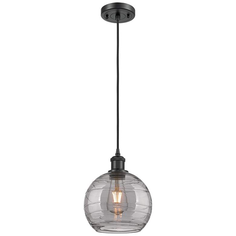 Image 1 Ballston Athens 8"W Matte Black Corded Mini Pendant w/ Smoke Swirl Sha