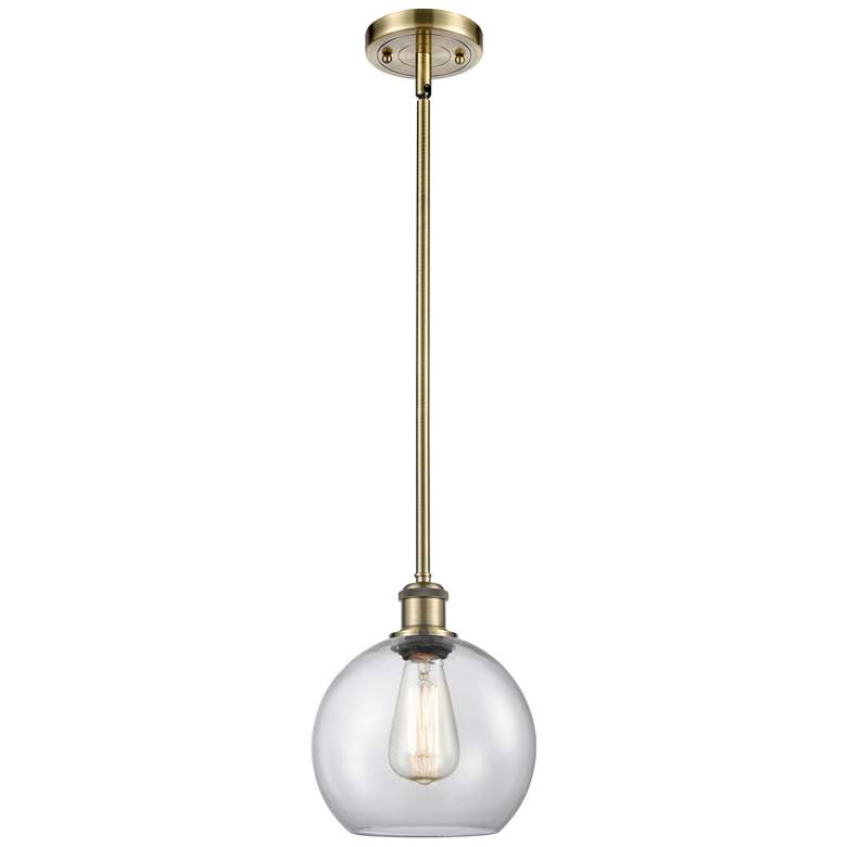 Image 1 Ballston Athens 8"W Stem Hung Antique Brass Mini Pendant w/ Clear Shad