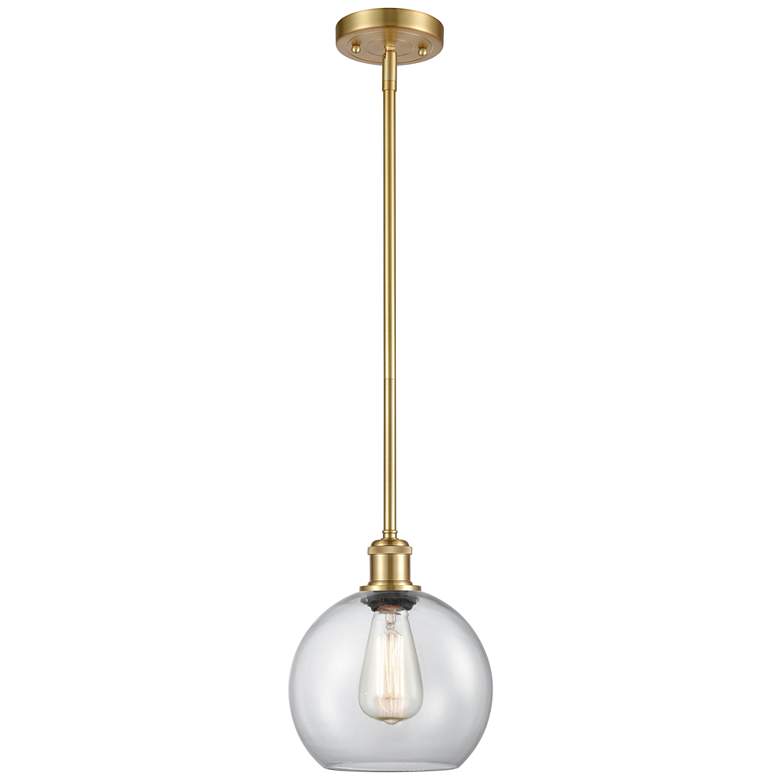 Image 1 Ballston Athens 8"W Stem Hung Satin Gold Mini Pendant w/ Clear Shade