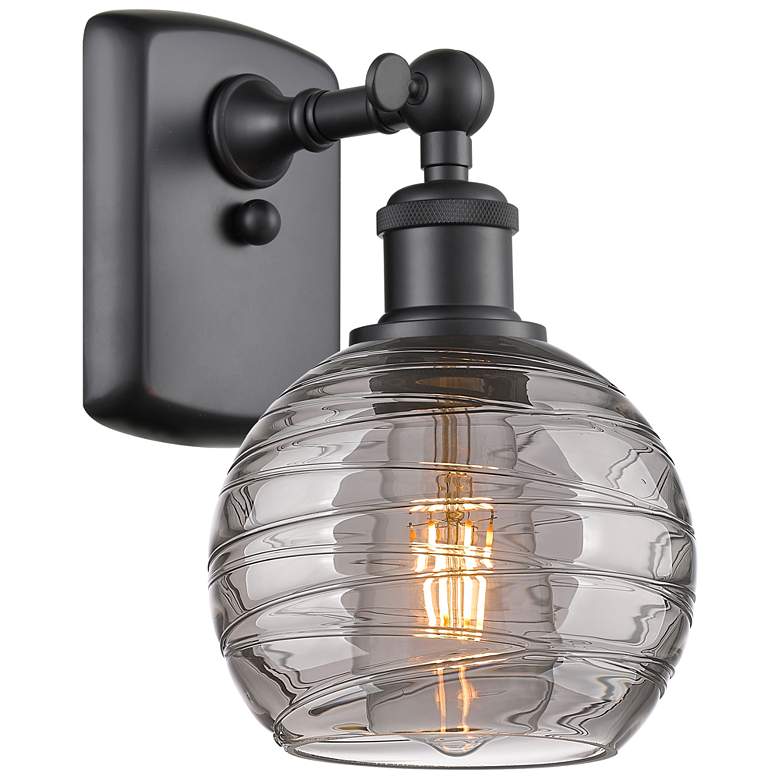 Image 1 Ballston Athens 9.13"H Matte Black Sconce w/ Light Smoke Deco Swirl Sh