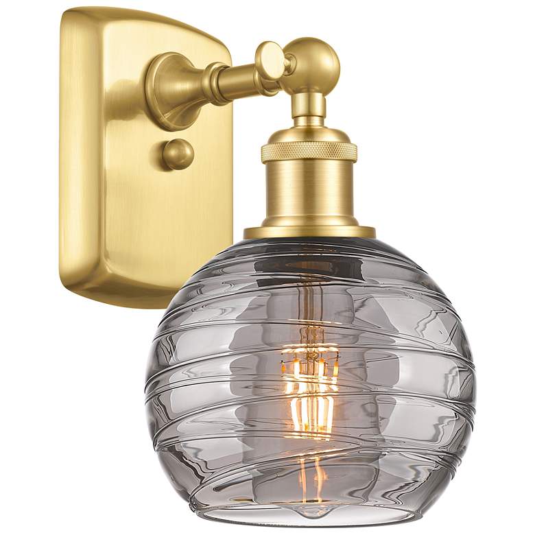 Image 1 Ballston Athens 9.13"H Satin Gold Sconce w/ Light Smoke Deco Swirl Sha