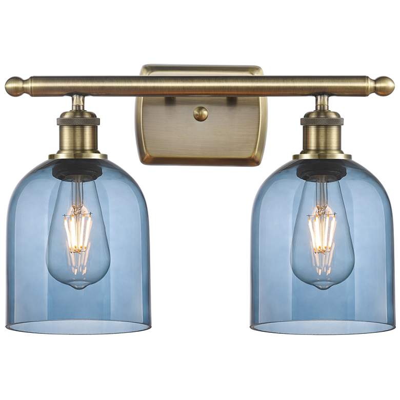 Image 1 Ballston Bella 15.5"W 2 Light Antique Brass Bath Light w/ Blue Shade