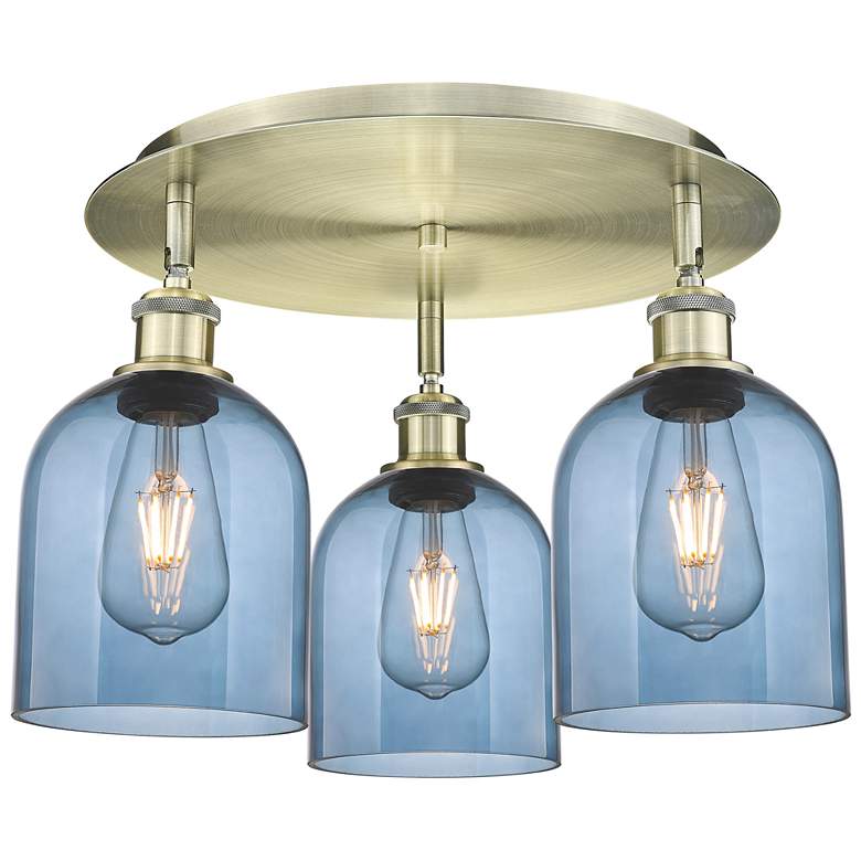 Image 1 Ballston Bella 17.25"W 3-Light Antique Brass Flush Mount w/ Blue Shade
