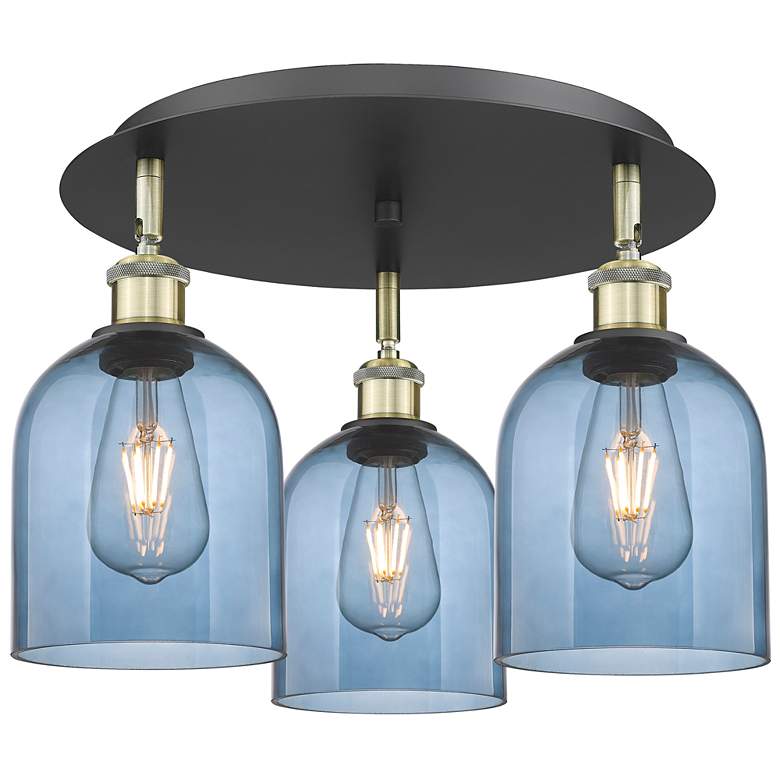 Image 1 Ballston Bella 17.25"W 3-Light Black Brass Flush Mount w/ Blue Shade