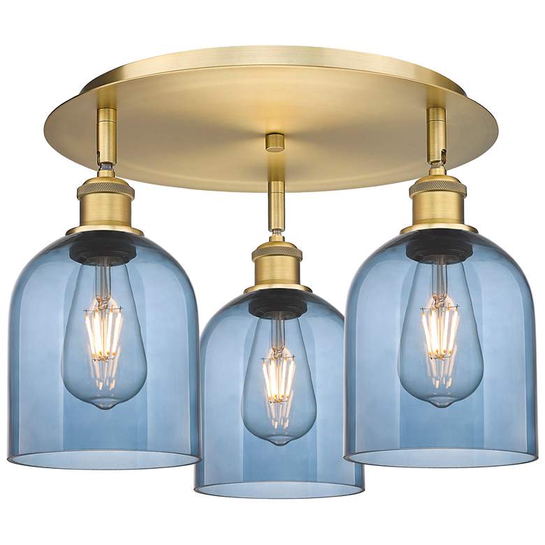Image 1 Ballston Bella 17.25"W 3-Light Brushed Brass Flush Mount w/ Blue Shade