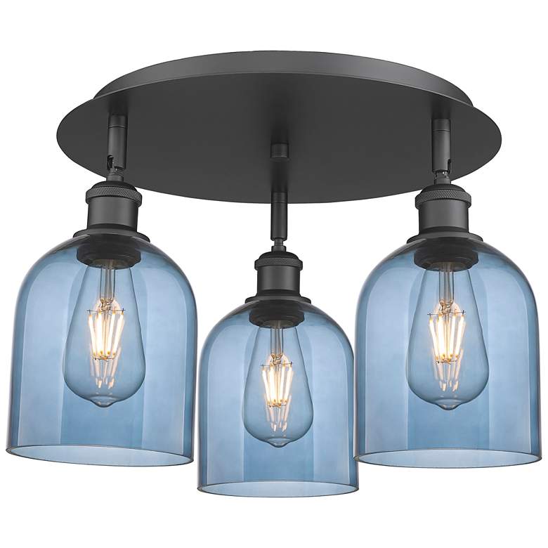Image 1 Ballston Bella 17.25"W 3-Light Matte Black Flush Mount w/ Blue Shade