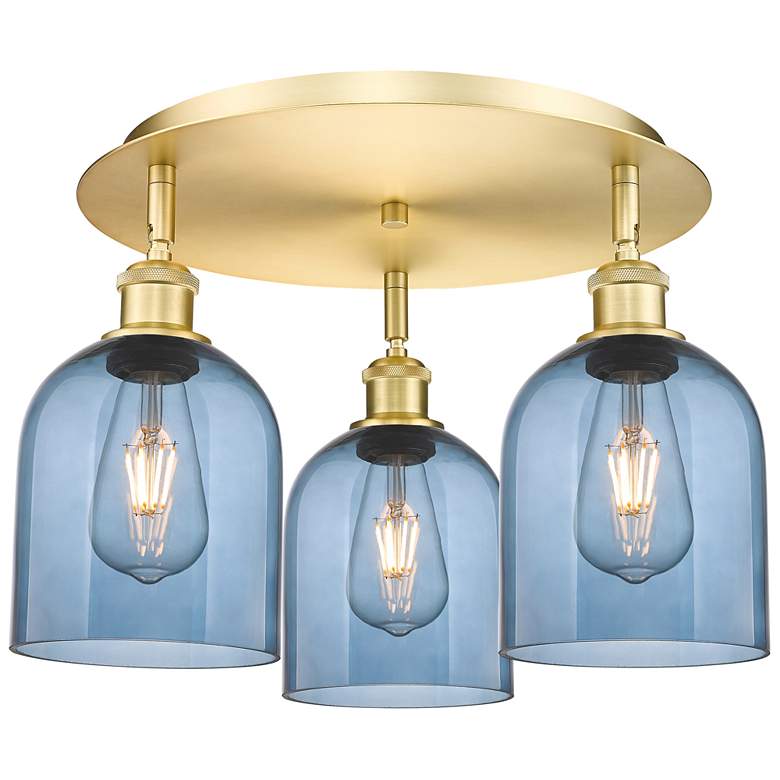 Image 1 Ballston Bella 17.25"W 3-Light Satin Gold Flush Mount w/ Blue Shade