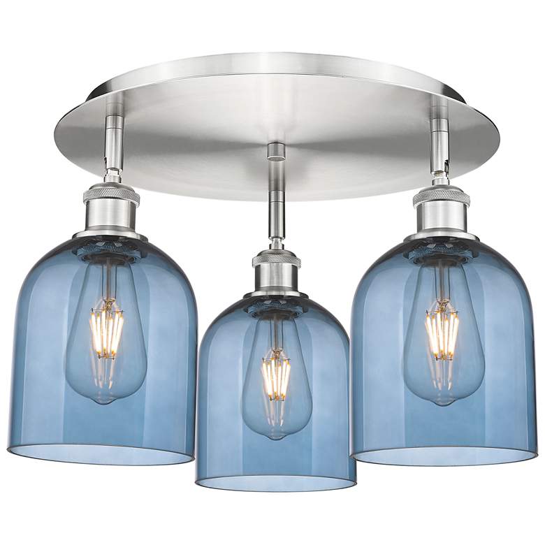 Image 1 Ballston Bella 17.25"W 3-Light Satin Nickel Flush Mount w/ Blue Shade