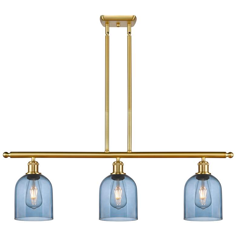 Image 1 Ballston Bella 36"W 3-Light Satin Gold Stem Island Light w/ Blue Shade