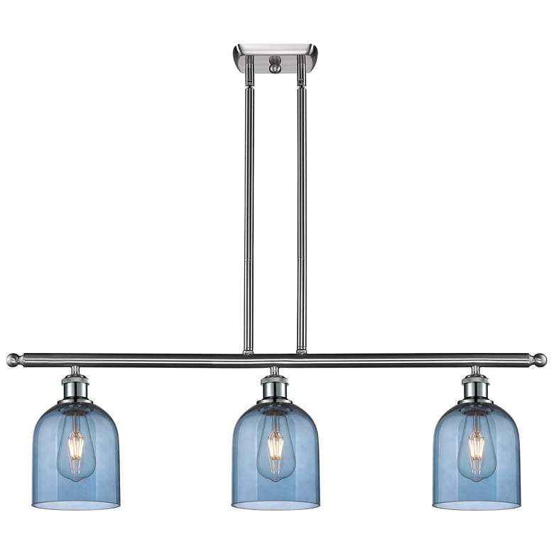 Image 1 Ballston Bella 36"W 3-Light Satin Nickel Stem Island Light w/ Blue Sha