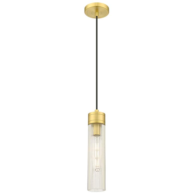 Image 1 Ballston Boreas 3" Cord Hung Mini Pendant Bronze w/ 8"H Striped White Shade