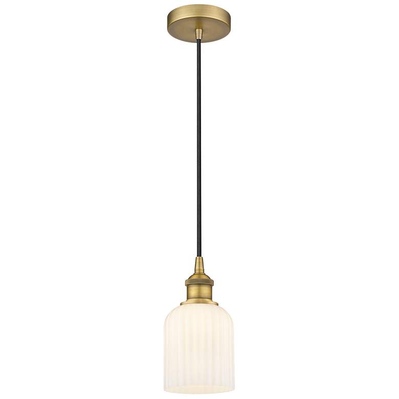 Image 1 Ballston Boreas 3" Stem Hung Mini Pendant Bronze w/ 8"H Striped Clear Shade