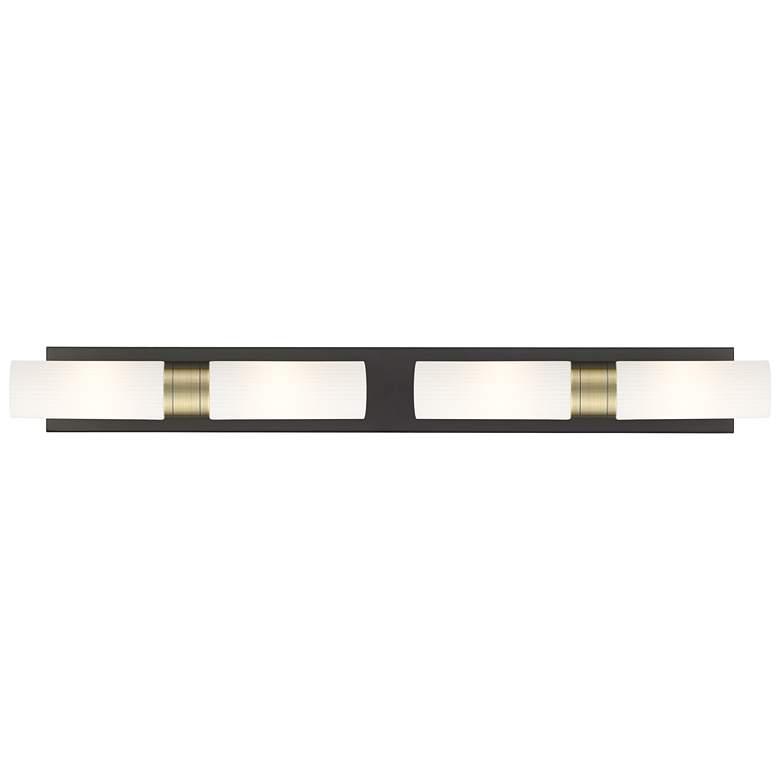 Image 1 Ballston Boreas 4 Light 39" Bath Vanity Black Brass Striped White Shade