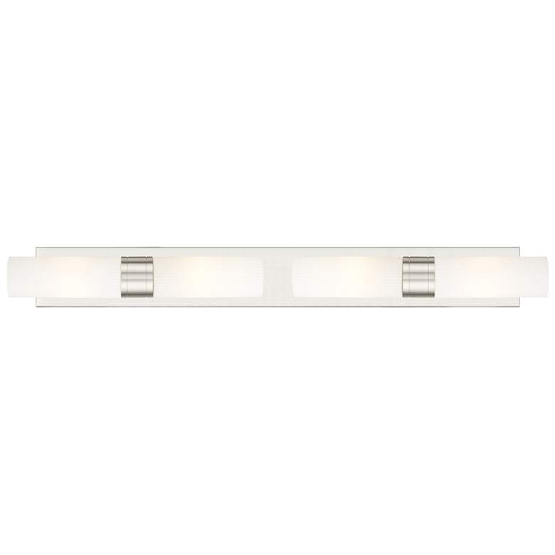 Image 1 Ballston Boreas 4 Light 39" Bath Vanity Satin Nickel Striped White Shade