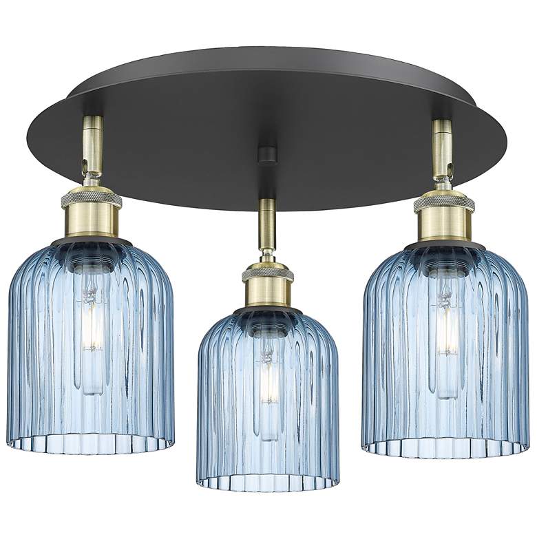 Image 1 Ballston Bridal Veil 17" 3 Light Flush Mount Black Brass w/ Blue Shade