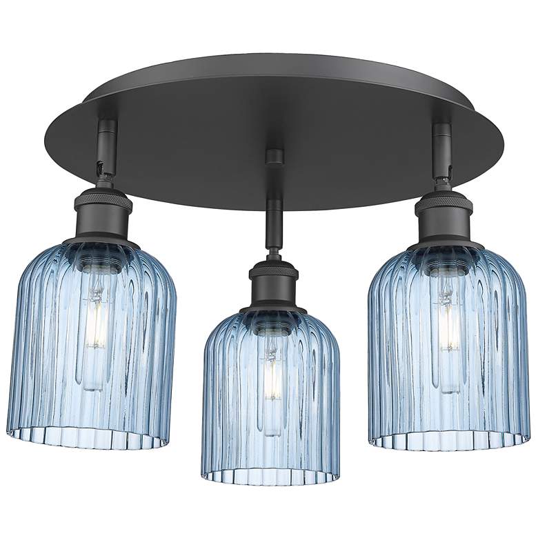 Image 1 Ballston Bridal Veil 17" 3 Light Flush Mount Black w/ Princess Blue Shade
