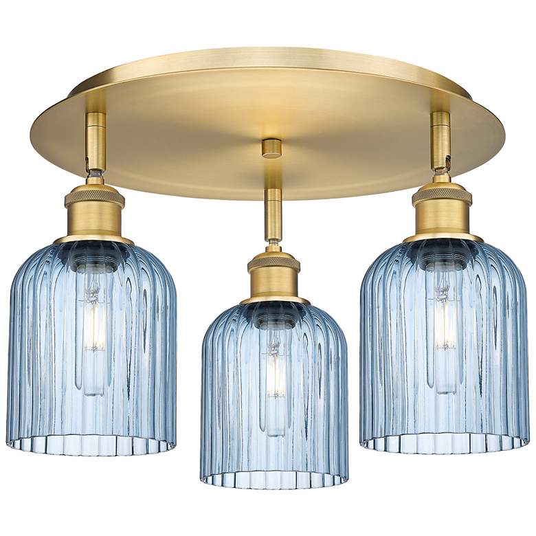 Image 1 Ballston Bridal Veil 17" 3 Light Flush Mount Brass w/ Princess Blue Shade