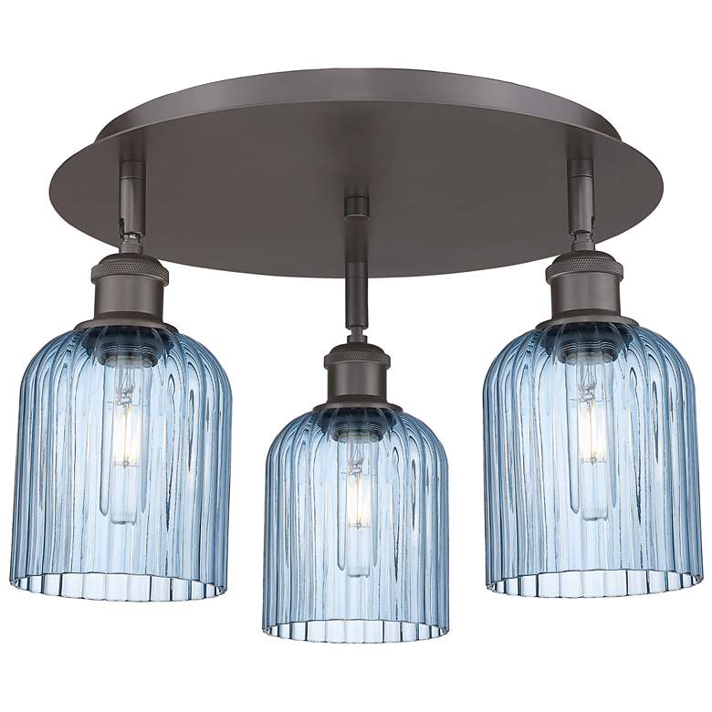 Image 1 Ballston Bridal Veil 17" 3 Light Flush Mount Bronze w/ Princess Blue Shade