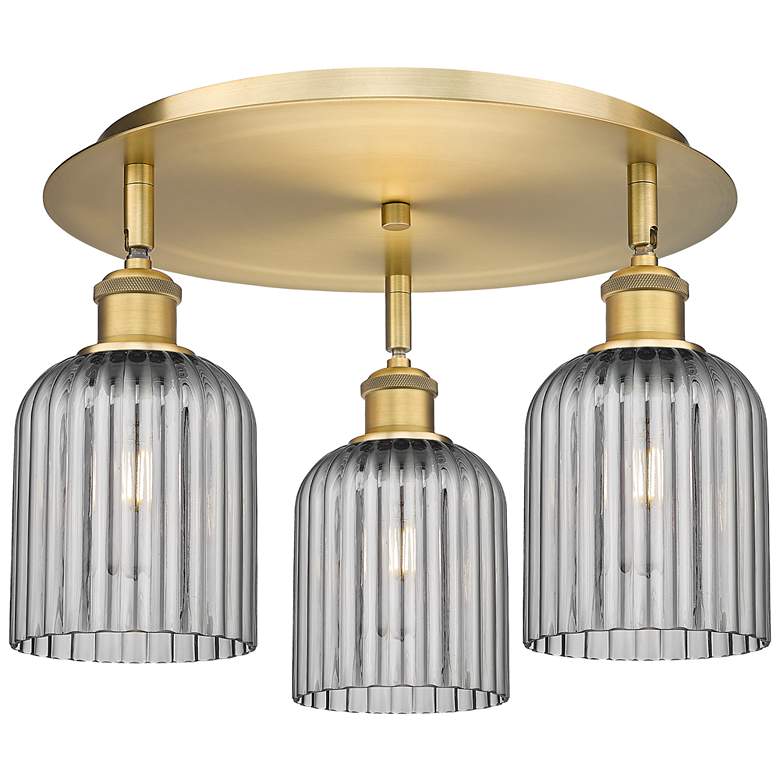 Image 1 Ballston Bridal Veil 17" 3 Light Flush Mount Brushed Brass w/ Smoke Shade
