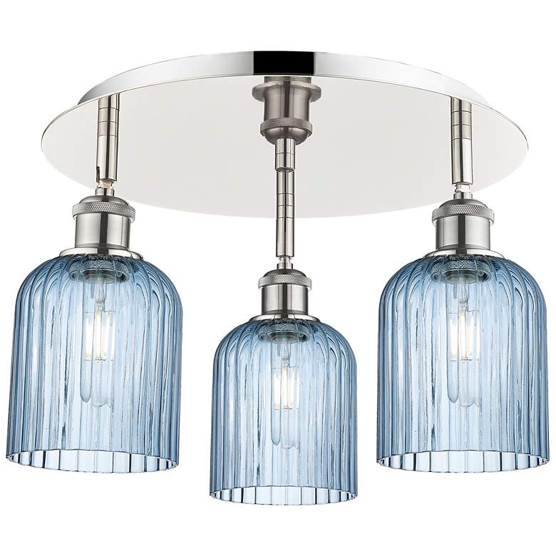 Image 1 Ballston Bridal Veil 17" 3 Light Flush Mount Nickel w/ Princess Blue Shade