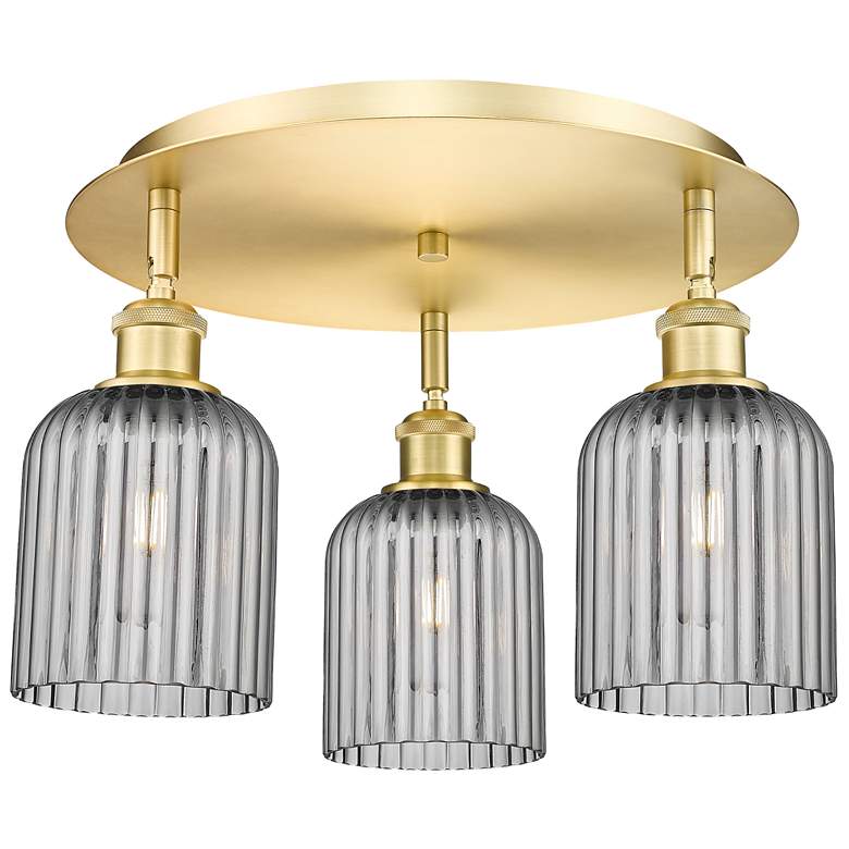 Image 1 Ballston Bridal Veil 17" 3 Light Flush Mount Satin Gold Light Smoke Shade