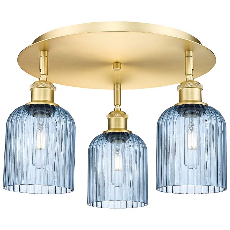 Image 1 Ballston Bridal Veil 17" 3 Light Flush Mount Satin Gold Princess Blue Shade