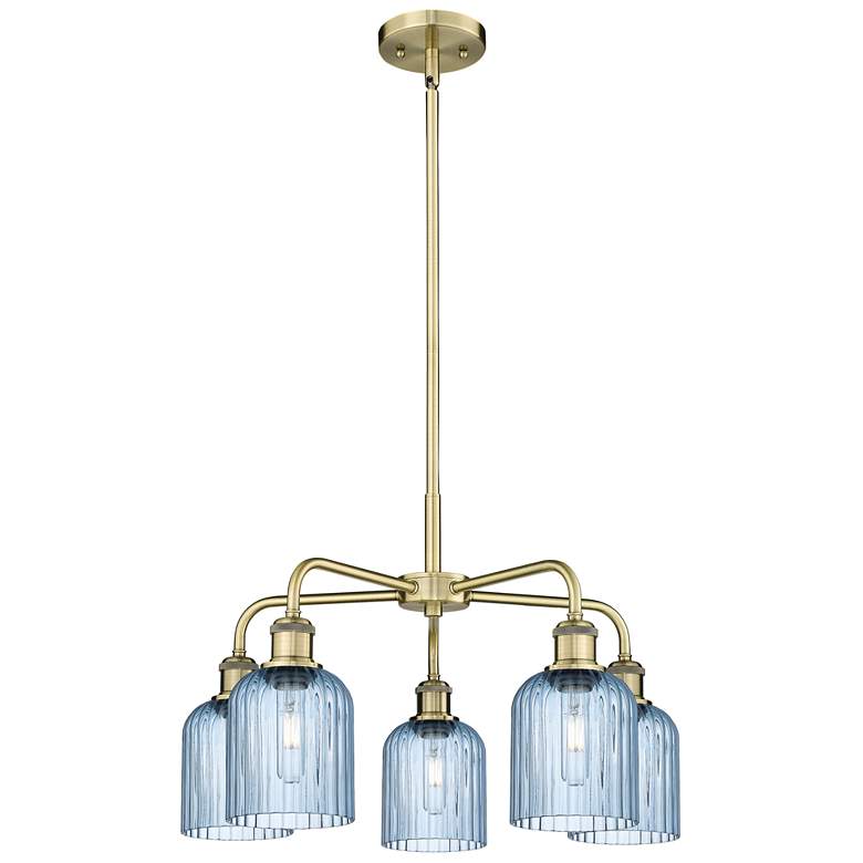 Image 1 Ballston Bridal Veil 23" 5 Light Stem Hung Chandelier Brass w/ Blue Shade