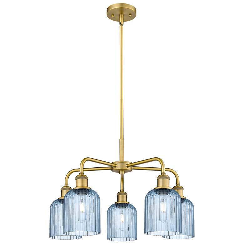 Image 1 Ballston Bridal Veil 23" 5 Light Stem Hung Chandelier Brass w/ Blue Shade