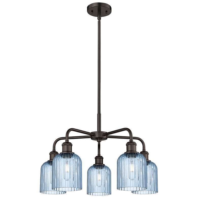 Image 1 Ballston Bridal Veil 23" 5 Light Stem Hung Chandelier Bronze w/ Blue Shade