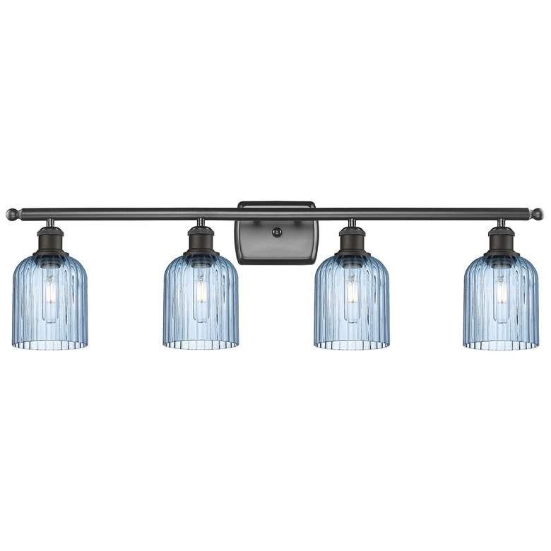Image 1 Ballston Bridal Veil 4 Light 35" Bath Vanity Bronze Princess Blue Shade