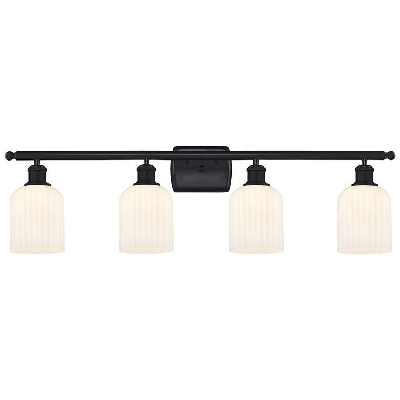 Image 1 Ballston Bridal Veil 4 Light 35" Bath Vanity Matte Black Gloss White Shade