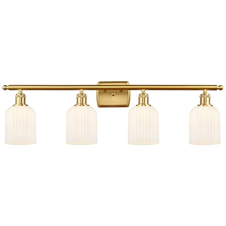 Image 1 Ballston Bridal Veil 4 Light 35" Bath Vanity Satin Gold Gloss White Shade