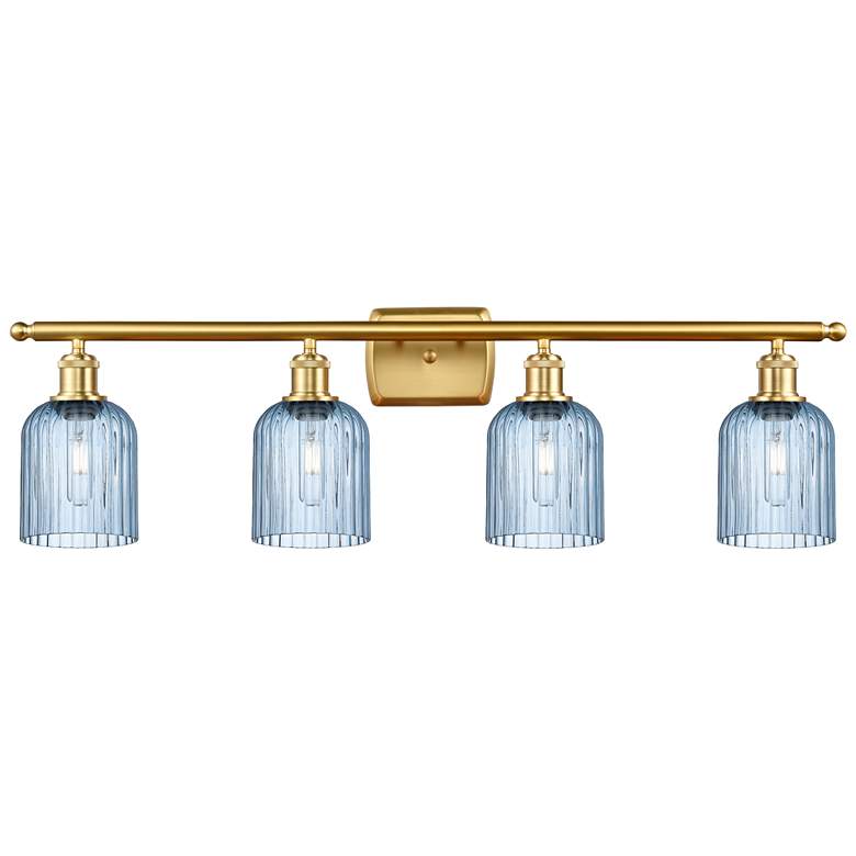 Image 1 Ballston Bridal Veil 4 Light 35" Bath Vanity Satin Gold Princess Blue Shade