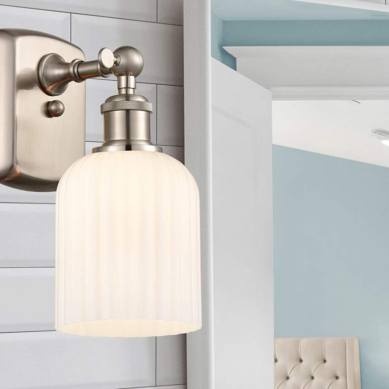 Image 1 Ballston Bridal Veil 5" Sconce Satin Nickel Finish Gloss White Shade