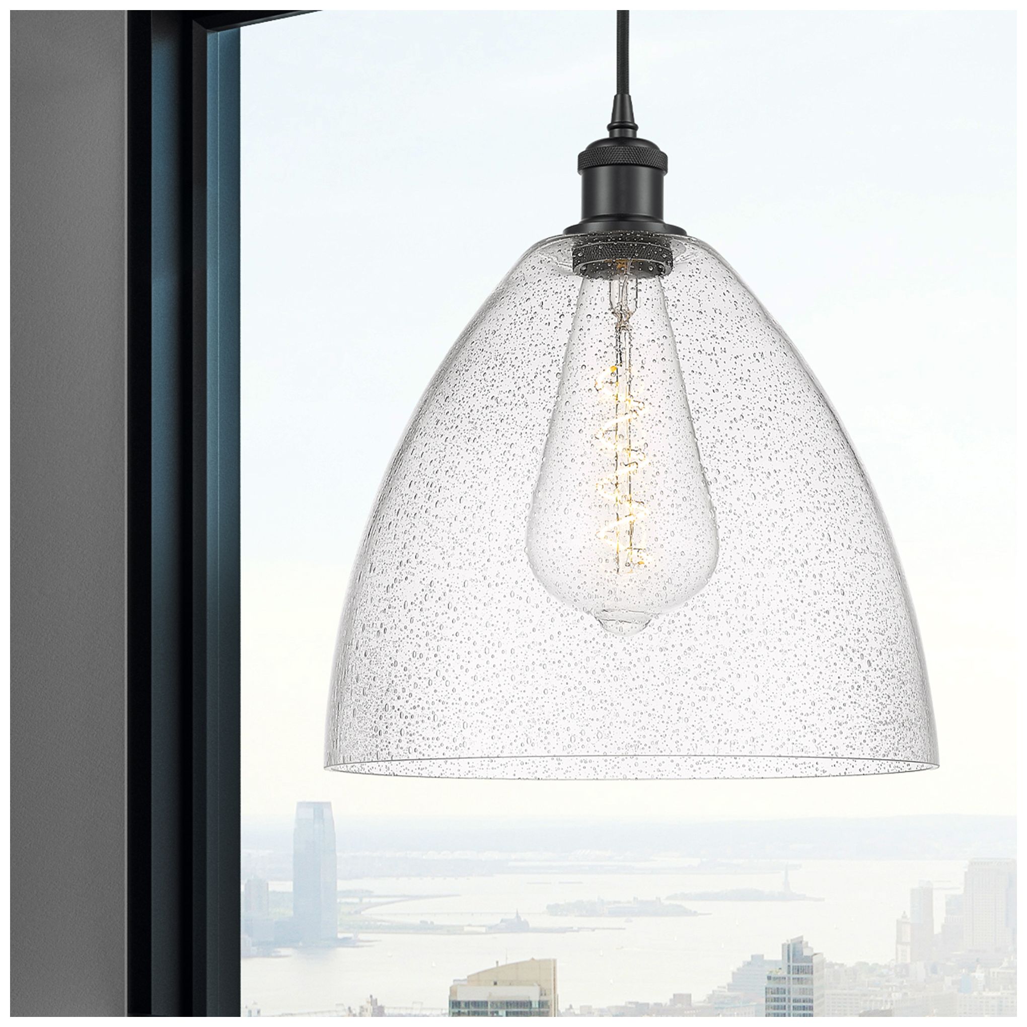 Ballston Bristol Glass 12" LED Mini Pendant - Matte Black - Seedy Shad