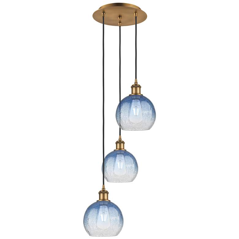 Image 1 Ballston Brookhaven Globe 14"W 3-Lt Brush Brass Cord Pendant w/ Blue Shade