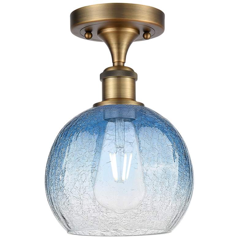 Image 1 Ballston Brookhaven Globe 8"W Brushed Brass Semi-Flush w/ Sapphire Shade