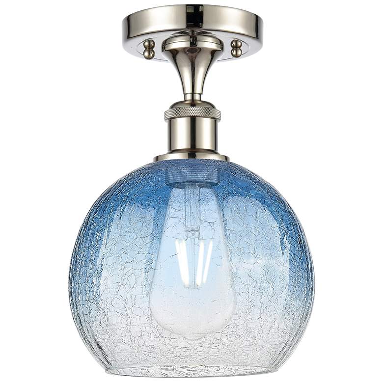 Image 1 Ballston Brookhaven Globe 8"W Polished Nickel Semi-Flush w/ Sapphire Shade