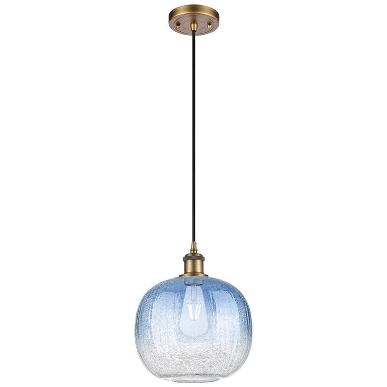 Image 1 Ballston Brookhaven Sphere 11"W Brush Brass Cord Pendant w/ Sapphire Shade