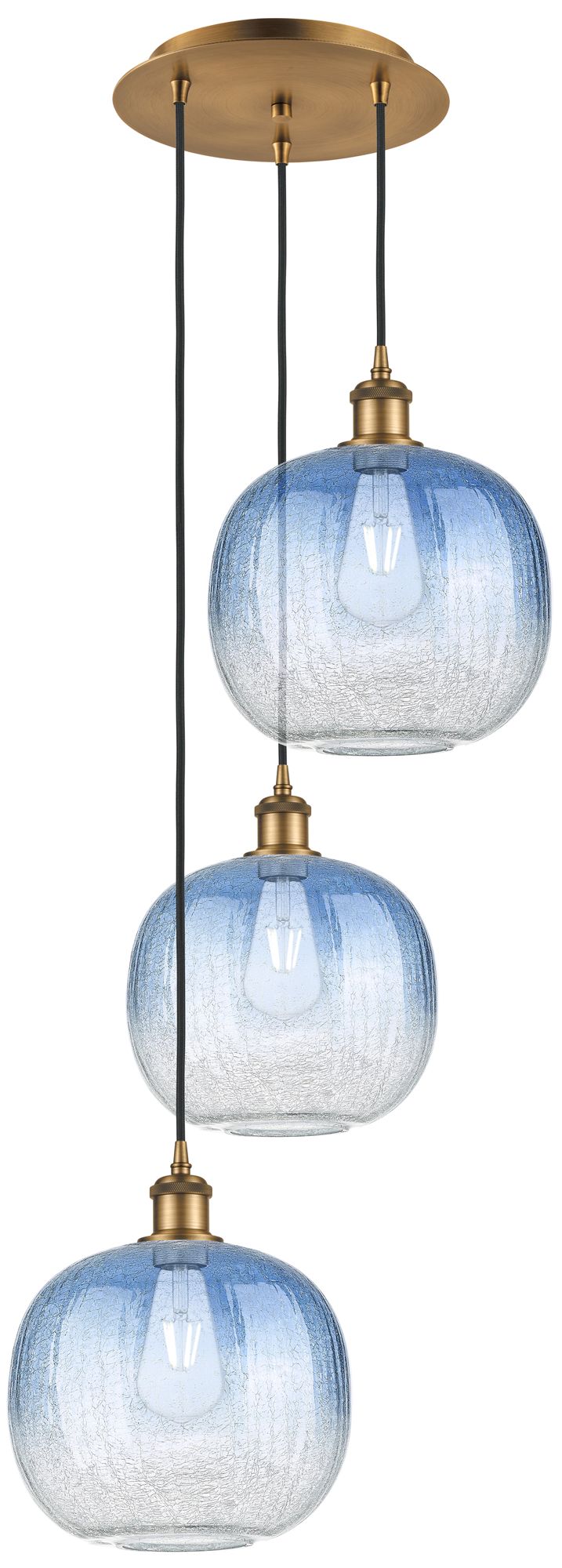 Ballston Brookhaven Sphere 17"W 3-Lt Brush Brass Cord Pendant w/ Blue Shade