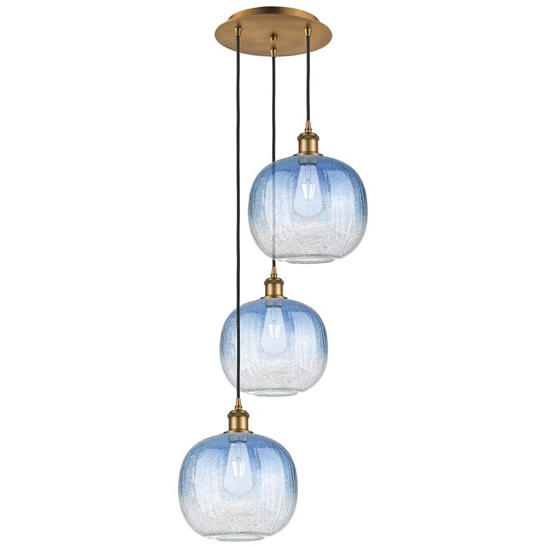 Image 1 Ballston Brookhaven Sphere 17"W 3-Lt Brush Brass Cord Pendant w/ Blue Shade