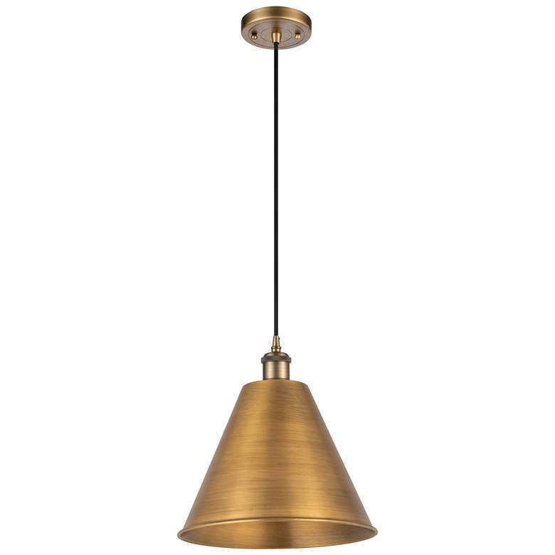 Image 1 Ballston Cone 12"W Brushed Brass Corded Mini Pendant w/ 12" Black