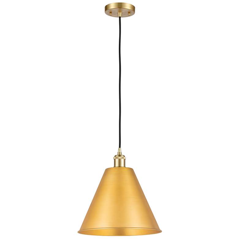 Image 1 Ballston Cone 12"W Satin Gold Corded LED Mini Pendant w/ 12" Blac