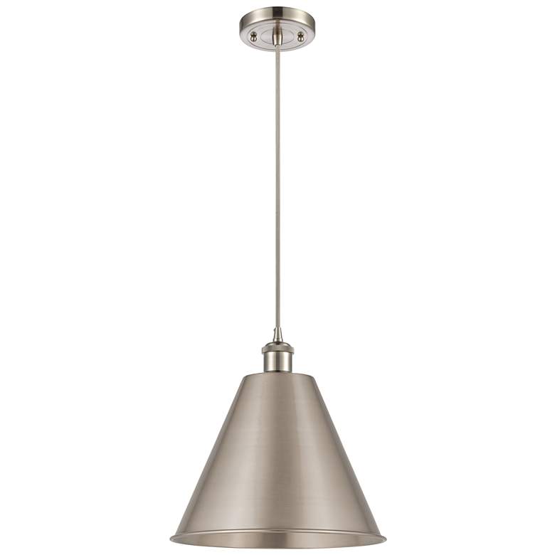 Image 1 Ballston Cone 12"W Satin Nickel Corded LED Mini Pendant w/ 12" Sh