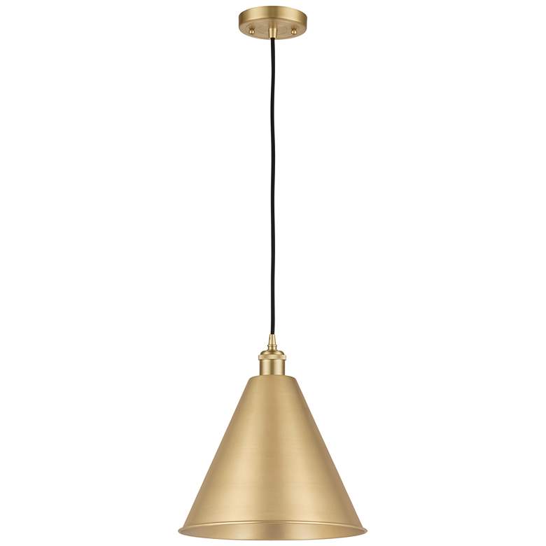 Image 1 Ballston Cone 16" Wide Satin Gold Corded Mini Pendant w/ Matte Black S