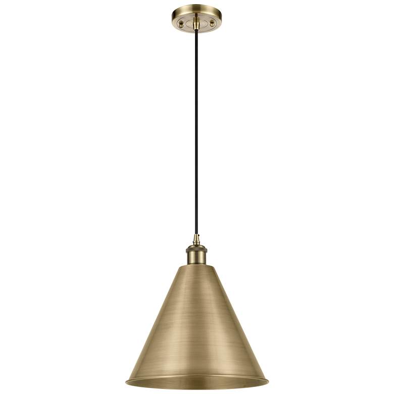 Image 1 Ballston Cone 16"W Antique Brass Corded Mini Pendant w/ Antique Brass