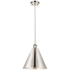 Image1 of Ballston Cone 16"W Polished Nickel Corded Mini Pendant w/ Nickel Shade