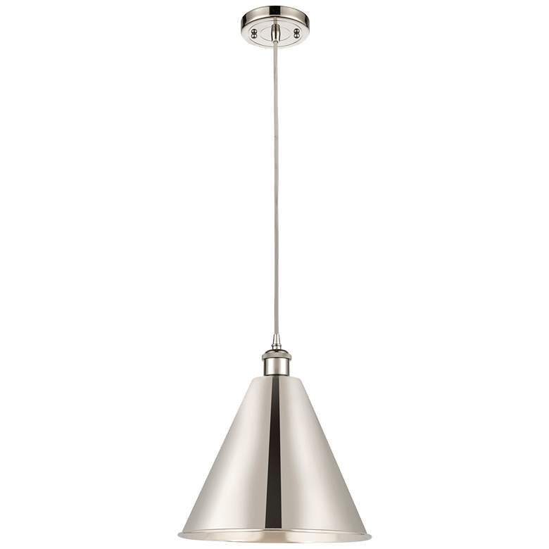 Image 1 Ballston Cone 16"W Polished Nickel Corded Mini Pendant w/ Nickel Shade
