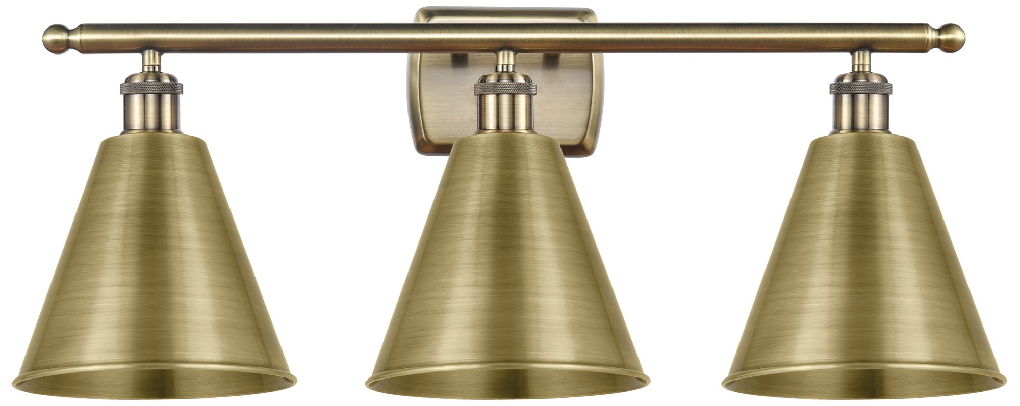 Ballston Cone 28"W 3 Light Antique Brass Bath Light w/ Antique Brass S