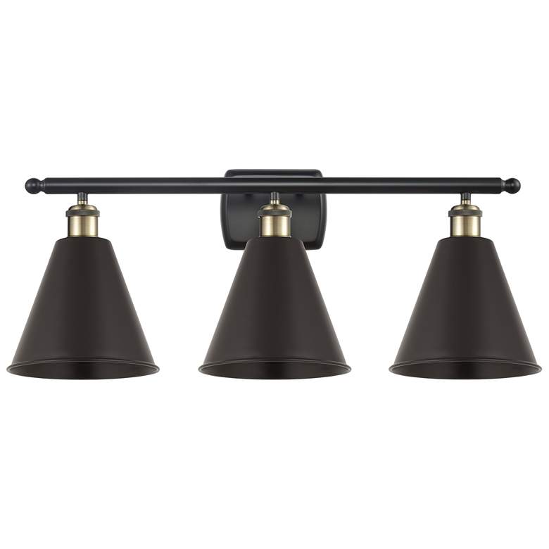 Image 1 Ballston Cone 28"W 3 Light Black Antique Brass Bath Light With Black S